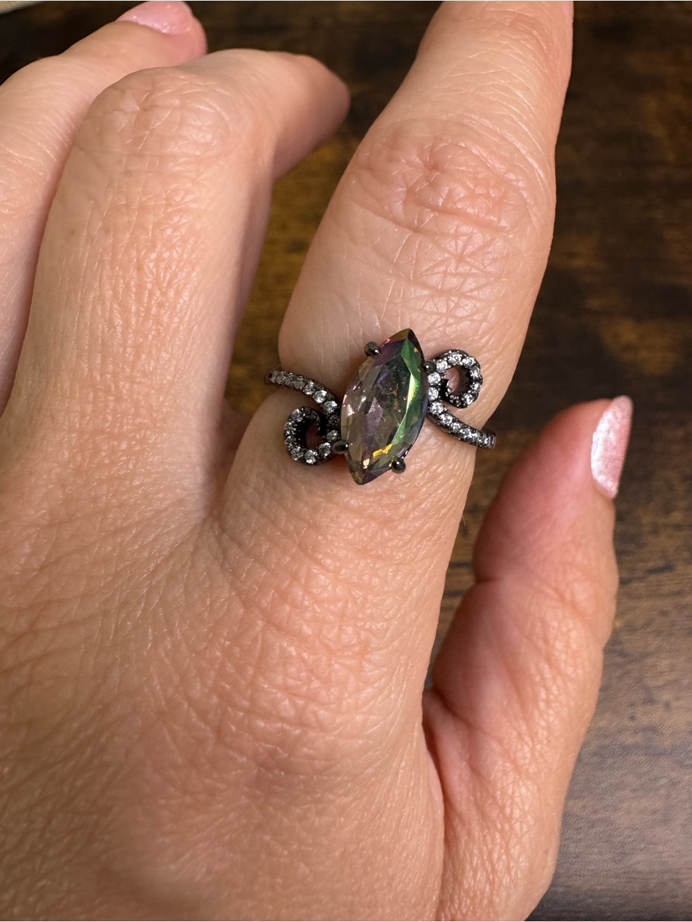 Mystic Topaz Marquise Ring with Black Pavé Band - Costume Jewelry